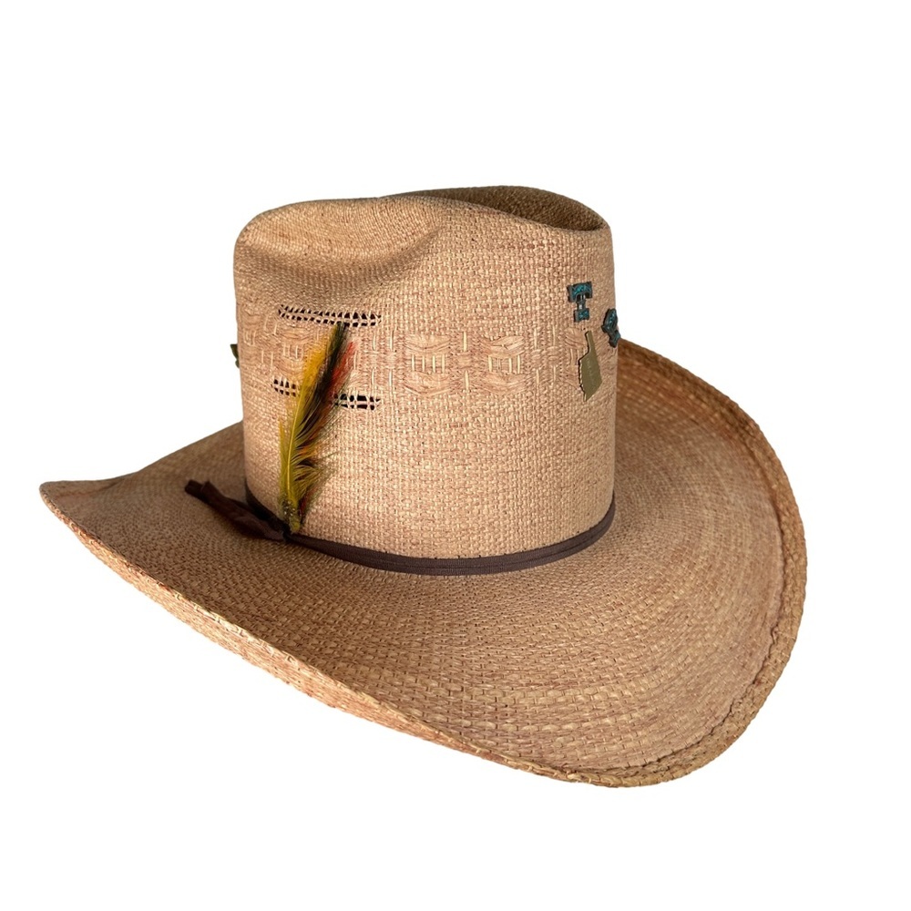 Vintage Straw Cowboy Hat Feather pin cowgirl‎ western tan pink